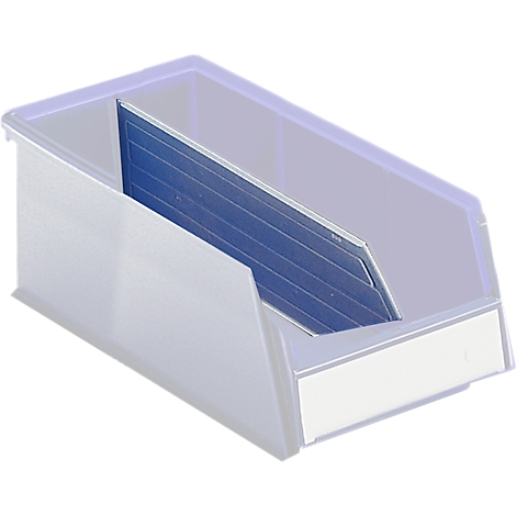 Transparenter Behälter mit blauem Einsatz. Auf dem Etikett steht nichts.