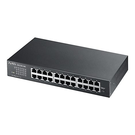 Ein schwarzer Netzwerkswitch von ZyXEL mit 24 Ports. Auf der Vorderseite sind die Ports durchnummeriert, ebenso wie LEDs und ein Einschaltknopf.