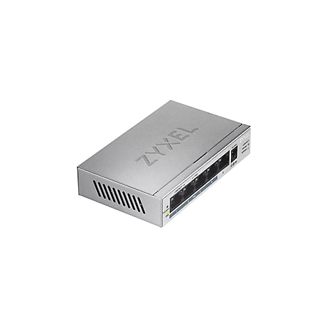 Grauer Zyxel-Switch, Blick von oben, mit Logo und Anschlüssen.