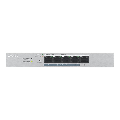 Un commutateur Zyxel PoE argentÃ© avec 5 ports. Ã‰tiquetage: Zyxel, PoE MAX, PWR/SYS, Reset, 1000M, 10/100M, Link/Act, PoE et les ports sont numÃ©rotÃ©s de 1 Ã  5.