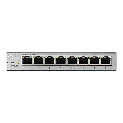 Grauer Netzwerk-Switch mit acht Ethernet-Ports. Aufschrift: Zyxel, Reset, PWR/SYS, 10/100M 1000M. Ports sind nummeriert.
