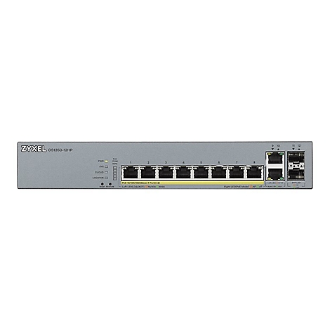 Ein grauer Netzwerk-Switch mit Ports und Kontrollleuchten, beschriftet mit 'ZYXEL GS1350-12HP'.