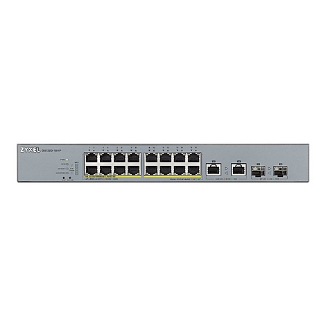 Grauer Netzwerk-Switch mit Ports und Anzeigen. Marke: Zyxel GS1350-18HP.