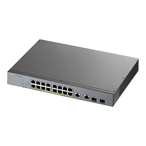 Grauer Netzwerk-Switch mit Ports. Aufschrift: ZYXEL OS1350-16HP.