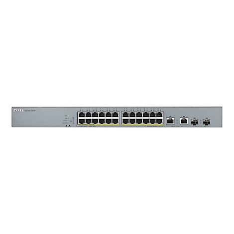 Ein grauer Netzwerk-Switch mit 24 Ports, Marke Zyxel. Er hat viele Anschlüsse und LED-Anzeigen auf der Frontseite.