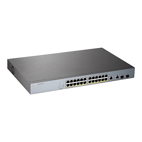 Ein grauer Netzwerk-Switch mit Ports und Logo. Aufschrift: Zyxel GS1350-26HP.