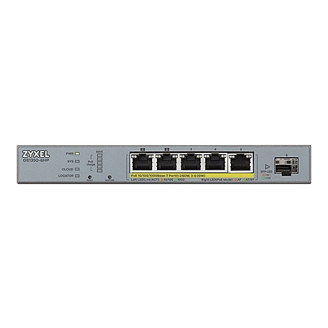 Ein grauer Zyxel GS1350-6HP Switch mit Ports und LEDs. Das Gerät ist für Netzwerke gedacht.