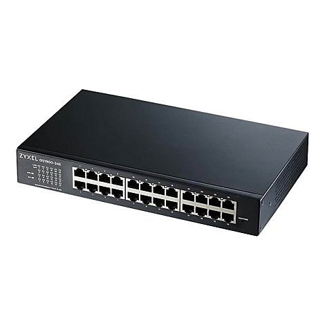 Ein schwarzer Zyxel-Switch mit 24 Ports, Beschriftung GS1900-24E, und Beschriftungen für Ports und Konfiguration.