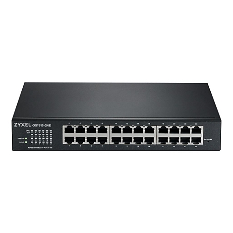 Ein schwarzer Zyxel GS1915-24E Switch mit Ports und LEDs.