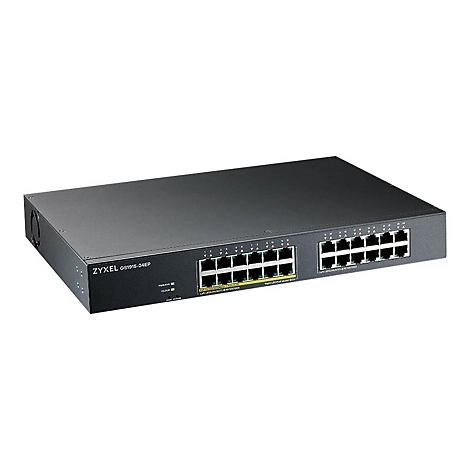 Ein schwarzer Zyxel GS1915-24EP Netzwerk-Switch. Auf der Vorderseite sind 24 Ports für Kabelanschlüsse zu sehen.