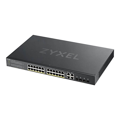 Commutateur rÃ©seau noir avec ports jaunes, logo Zyxel.