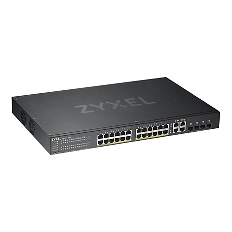 Un commutateur Zyxel noir avec de nombreux ports. Le nom de la marque est clairement visible sur l'appareil.