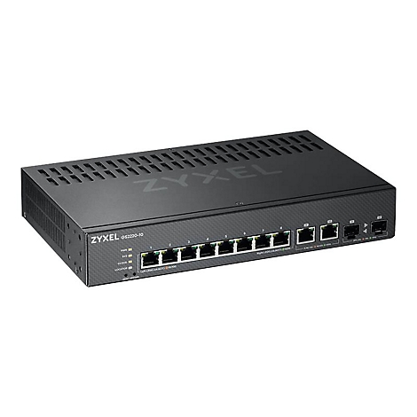 Ein schwarzer Zyxel GS2220-10 Switch, mit Anschlüssen und Anzeigen.