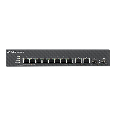 Ein schwarzer Zyxel GS2220-10 Switch mit zahlreichen Anschlüssen und LED-Anzeigen. Auf dem Gerät ist der Produktname deutlich zu sehen.