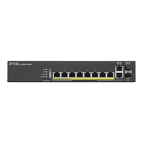 Ein schwarzer Zyxel GS2220-10HP Switch, Ansicht der Vorderseite. Enthält 8 Ethernet-Ports, LEDs und Beschriftungen.