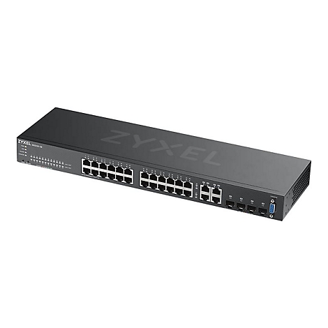 Ein schwarzer Zyxel-Switch mit 24 Ports, seitlicher Beschriftung und Anschlüssen.
