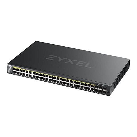 Ein schwarzer Zyxel-Switch mit vielen Netzwerkanschlüssen. Das Logo 'ZYXEL' ist auf der Oberseite zu sehen.
