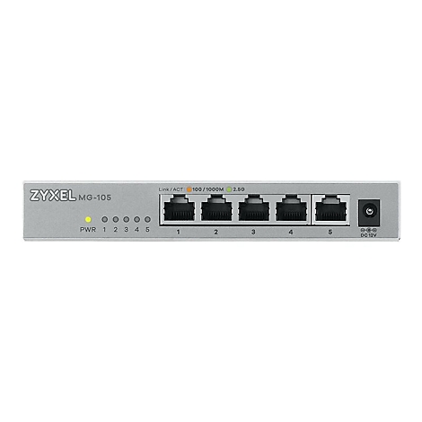 Commutateur rÃ©seau gris Ã  5 ports, Ã©tiquetÃ© : Zyxel MG-105, avec ports, voyants et entrÃ©e d'alimentation.