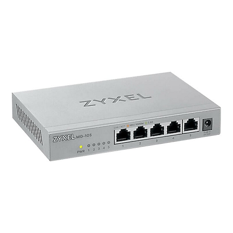 Un commutateur Zyxel gris, photographiÃ© d'en haut. On peut voir 5 ports Ethernet, la dÃ©signation du modÃ¨le et le logo Zyxel.