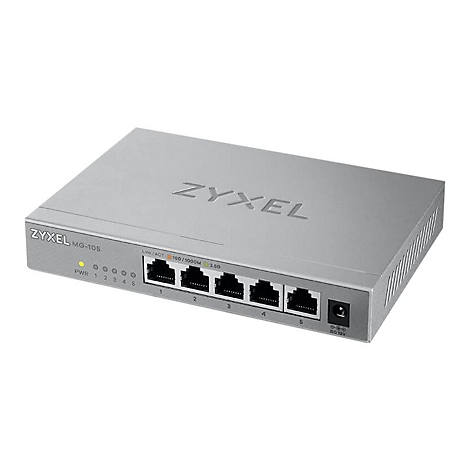Commutateur Zyxel gris. Cinq ports Ethernet, entrÃ©e d'alimentation, Ã©tiquetÃ©.