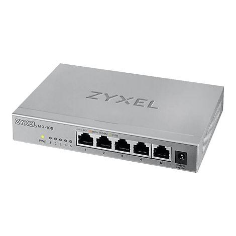 Ein silberner Zyxel MG-105 Netzwerk-Switch mit 5 Anschlüssen, Beschriftungen und LED-Anzeigen.