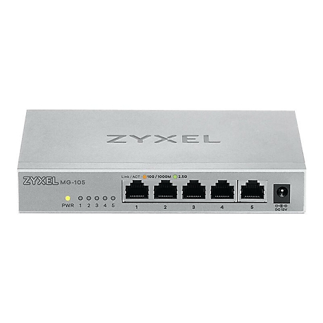 Ein silberner Zyxel MG-105 Netzwerk-Switch mit fünf Ethernet-Anschlüssen, Beschriftungen und Kontrollleuchten.
