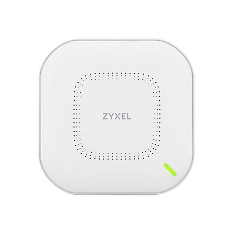 Un appareil blanc et carrÃ© aux coins arrondis. Il porte l'inscription 'ZYXEL' et dispose d'un indicateur LED vert.