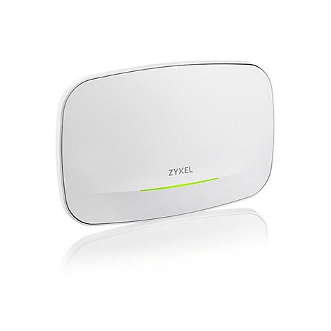 Appareil rectangulaire blanc aux coins arrondis, logo Zyxel et ligne verte.