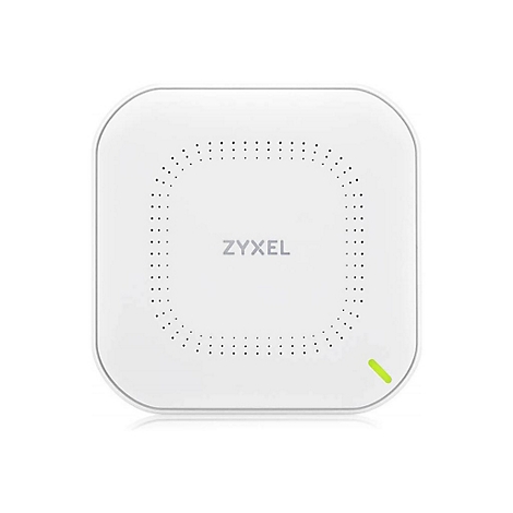 Ein weißes, quadratisches Gerät mit abgerundeten Ecken und dem 'ZYXEL'-Schriftzug. Es hat ein Lochmuster und eine grüne LED.