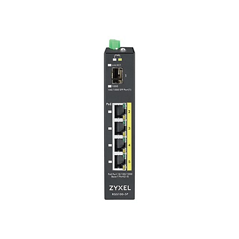 Ein schwarzer Zyxel-Switch mit PoE-Ports und grünen LEDs.