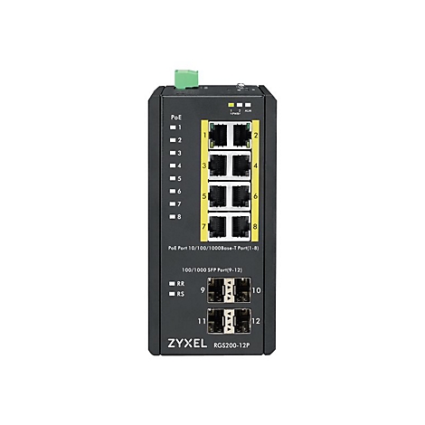 Ein schwarzer ZyXEL RGS200-12P Switch mit Anschlüssen, Beschriftungen und LED-Anzeigen.