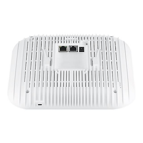 RÃ¼ckseite eines weiÃŸen WLAN-Routers mit LÃ¼ftungsschlitzen, AnschlÃ¼ssen und Reset-Taste.