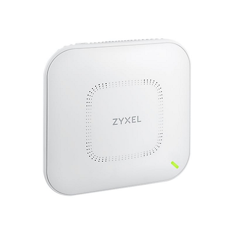 WeiÃŸes WLAN-GerÃ¤t mit quadratischem Design und dem Schriftzug ZYXEL. Rechts leuchtet eine grÃ¼ne LED.