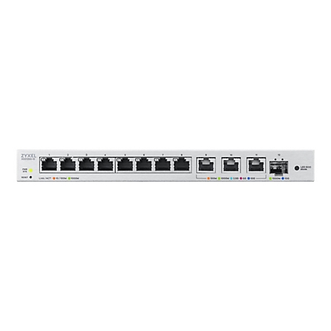 Ein grauer Netzwerkswitch von Zyxel mit 12 Ports. An der Vorderseite befinden sich leuchtende LEDs und Beschriftungen.