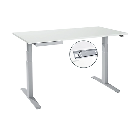 Schreibtisch, elektrisch hÃ¶henverstellbar, T-FuÃ, B 1600 x T 800 x H 645-1290 mm, lichtgrau/weiÃaluminium + Kabelkanal, ZubehÃ¶rschublade