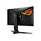 Schwarzer Monitor mit orangefarbenem Logo auf der Rückseite. Monitorfuß und -arm sind ebenfalls schwarz.