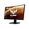 Ein schwarzer, gebogener ASUS-Gaming-Monitor mit dem TUF Gaming-Logo vor einem Weltraumhintergrund. Der Bildschirm ist auf einem Sockel montiert.
