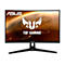 Ein schwarzer ASUS-Gaming-Monitor. Das Display zeigt ein abstraktes goldenes Bild mit weißen Logos. Auf dem Bildschirm steht groß "TUF GAMING". Das Display wird von einem Standfuß gehalten.