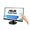 Ein schwarzer ASUS-Touchscreen-Monitor. Auf dem Bildschirm sind Icons, Tastatur und Diagramme zu sehen. Eine Hand berÃ¼hrt den Bildschirm.