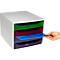 Un organisateur de tiroirs blanc avec quatre tiroirs transparents colorés, dont une main retire un document bleu.