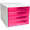 Organisateur de bureau blanc avec quatre tiroirs rose semi-transparents sur fond blanc.
