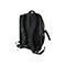 Schwarzer Rucksack von hinten, mit verstellbaren Gurten und Schnallen. Seitlich ein Netzfach.