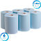 Six rouleaux de chiffons de nettoyage bleu clair. Deux cercles bleus avec info : 6 rouleaux et 1 140 m. Fond neutre.