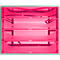 Een roze, doorzichtig brievenbaksysteem met vier vakken in een grijs metalen frame.