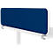 Blue desk divider with white frame. Attached to white table with brackets.