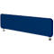 Blue desk divider with white edges, attached to metal clamps.