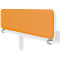 Orange desk partition with white border on a white table, secured with grey clamps.