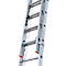 Close-up of a silver ladder. Black ropes are stretched between the rungs, orange rubber feet.