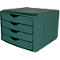 Groene bureau-organizer met vier lades. Een logo wordt rechtsonder weergegeven.