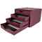 Bordeauxkleurige bureau-organizer met vier uitschuifbare lades, waarvan sommige open zijn.